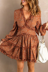 Brown Floral V Neck Dress