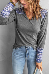 Casual Gray Aztec V Neck Top