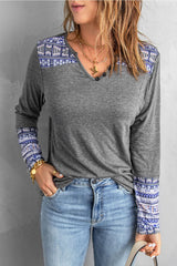 Casual Gray Aztec V Neck Top