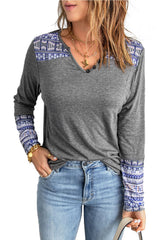 Casual Gray Aztec V Neck Top
