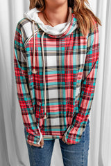 Cowl Neck Plaid Hoodie