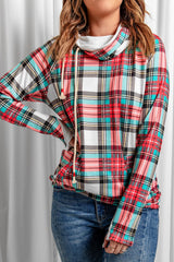 Cowl Neck Plaid Hoodie