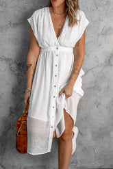 White Deep V Neck Midi Dress