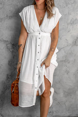 White Deep V Neck Midi Dress