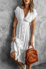 White Deep V Neck Midi Dress