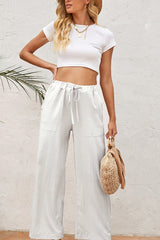 White Crinkled Wide Leg Pants