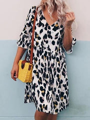 Leopard Print V Neck Half Sleeve Dress
