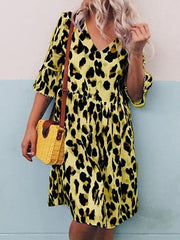 Leopard Print V Neck Half Sleeve Dress