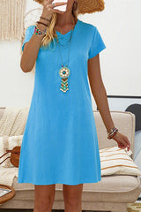 Solid V Neck Short Sleeve Mini Dress