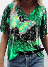 Butterfly Printed V Neck Short Sleeve T-shirt