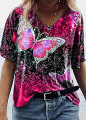 Butterfly Printed V Neck Short Sleeve T-shirt