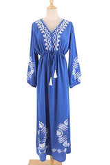 Embroidered Drawstring Long Sleeve Caftan