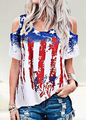 Cold Shoulder Printed Round Neck Short Sleeve T-shirt