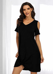 Cold Shoulder V Neck Solid Color Dress