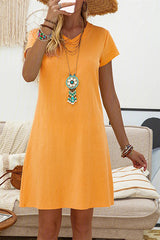Solid V Neck Short Sleeve Mini Dress