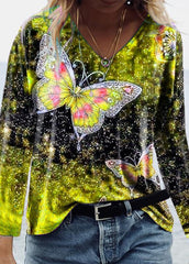 Butterfly Printed V Neck Long Sleeve T-shirt