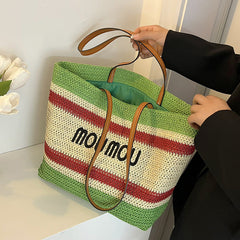 Color Striped Woven Women's Large Seaside Beach Outing Tote Bags