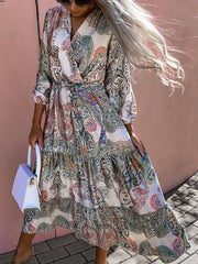 Women Dresses Fashion Print V Neck Long Sleeve Midi Dress