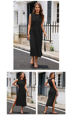 Crewneck Sleeveless Tie Waist Side Split Beach Dress