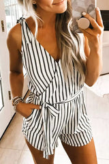 Stripe Tie Shoulder Wrap Romper