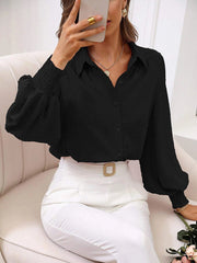 Women's Blouses Fashion Solid Lapel Lantern Sleeve Blouse