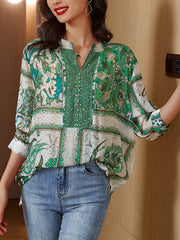 Women's Blouses Print Temperament V Neck Short Sleeved Blouse