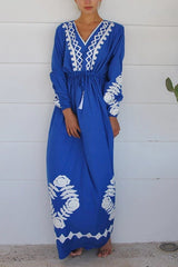 Embroidered Drawstring Long Sleeve Caftan