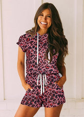 Leopard Short Sleeve Hoodie And Shorts