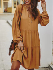 Women's Dresses High Waist Loose V Neck Solid Color Stitching Midi Dress