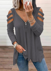 Cold Shoulder Zipper V Neck Long Sleeve T-shirt