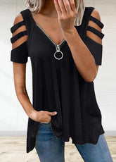 Cold Shoulder Short Sleeve Zipper V Neck T-shirt
