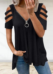 Cold Shoulder Short Sleeve Zipper V Neck T-shirt