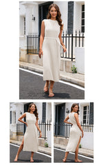 Crewneck Sleeveless Tie Waist Side Split Beach Dress