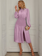 Elegant O-Neck Long Sleeve Solid Split Midi Dress