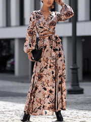 Women Dresses Fashion Print Long Sleeve V Neck Sexy Maxi Dress
