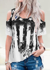 Cold Shoulder Printed Round Neck Short Sleeve T-shirt