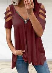 Cold Shoulder Short Sleeve Zipper V Neck T-shirt
