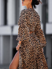 Women Dresses Fashion Print Long Sleeve V Neck Sexy Maxi Dress