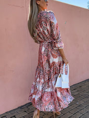 Women Dresses Fashion Print V Neck Long Sleeve Midi Dress