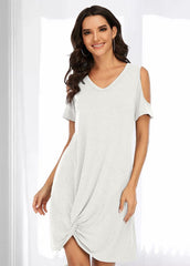 Cold Shoulder V Neck Solid Color Dress