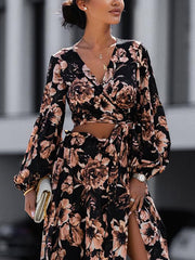 Women Dresses Fashion Print Long Sleeve V Neck Sexy Maxi Dress