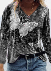 Butterfly Printed V Neck Long Sleeve T-shirt