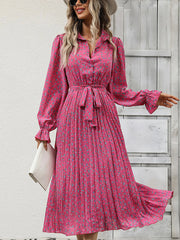 Women Dresses Fashion Pleated Tie Long Sleeve Midi Dress