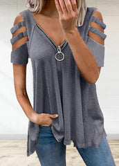 Cold Shoulder Short Sleeve Zipper V Neck T-shirt
