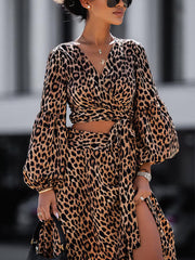 Women Dresses Fashion Print Long Sleeve V Neck Sexy Maxi Dress