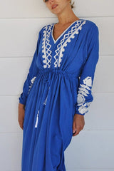 Embroidered Drawstring Long Sleeve Caftan