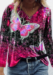 Butterfly Printed V Neck Long Sleeve T-shirt