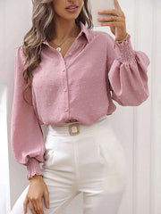 Women's Blouses Fashion Solid Lapel Lantern Sleeve Blouse