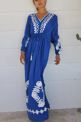 Embroidered Drawstring Long Sleeve Caftan