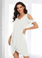 Cold Shoulder V Neck Solid Color Dress